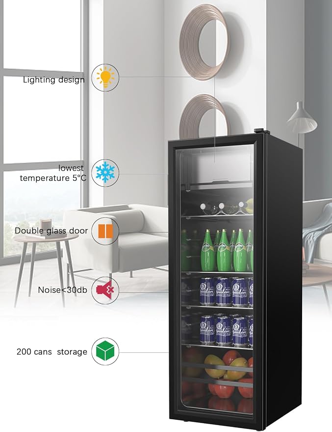 Beverage Refrigerator Cooler 180 Can Freestanding Beverage Cooler with Adjustable Shelving Glass Door for Beer Soda or Wine for Home Office or Bar - Image 6