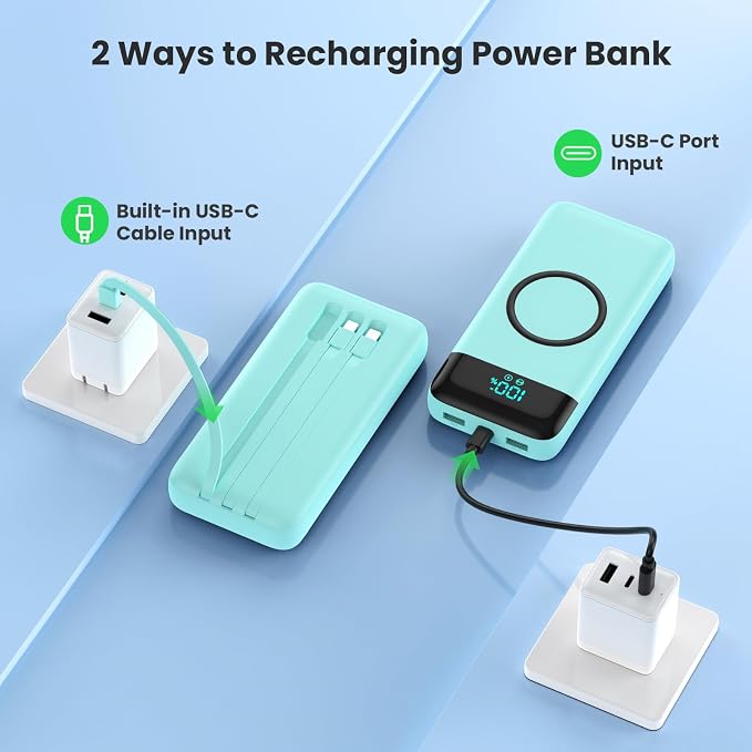 Wireless Portable Charger 40800mAh for iPhone with 3 Built-in Cables,7-in-1 15W Wireless Charging USB C Power Bank,25W PD Fast Charging Travel Essential Battery Pack for iPhone 17/16/15,Android-Green - Image 4