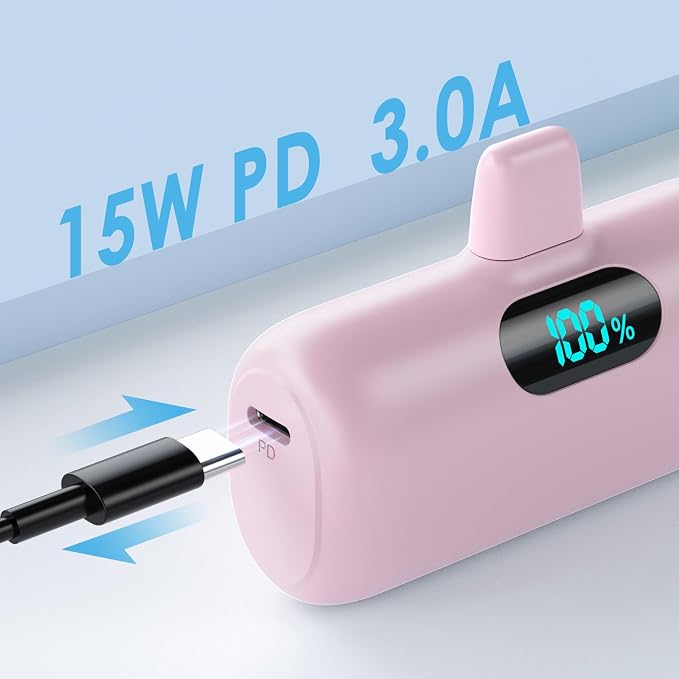 [2 Pack] Small Portable Charger for iPhone14/13, 5000mAh PD Fast Charging Power Bank, LCD Display Cute Mini Battery Pack Compatible with iPhone 14/14 Pro Max/13/13 Pro/12 Pro/11/XR/X/8-Black+Pink - Image 4