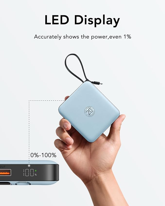 VRURC Portable Charger for iPhone with Built-in Cable, 10000mAh 22.5W Fast Charging USB C Battery Pack, Cell Phone Power Bank for iPhone 17 16 15 & Other Series (Blue) - Image 3