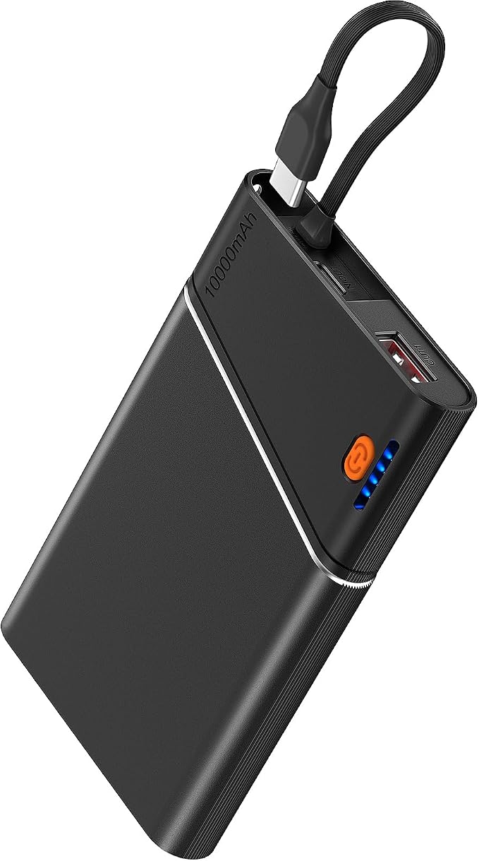 Aaoyun Portable Charger Power Bank, 10000mAh 22.5W PD Fast Charging Powerbank with Built-in USB C Cable, Slim External Phone Battery Pack for iPhone 17/16/15 Samsung S24 Android etc (Black) by Aaoyun