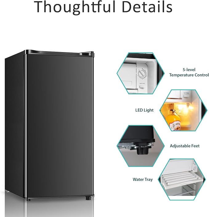Seaoola Mini Fridge with Freezer, Single Door 3.1 Cu.Ft, Compact Mini Refrigerator, LED Light, Adjustable Thermostat, Removable Glass Shelves, Small Refrigerator for Dorm/Office/Bedroom(Black) (Black) - Image 4