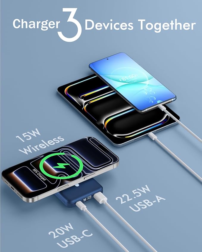 podoru for Magsafe Battery Pack, Foldable 10000mAh Magnetic Power Bank with USB-C Cable LED Display 22.5W PD Fast Charging Wireless Portable Charger for iPhone 17/16/15/14/13/12 Series-Navy Blue - Image 5