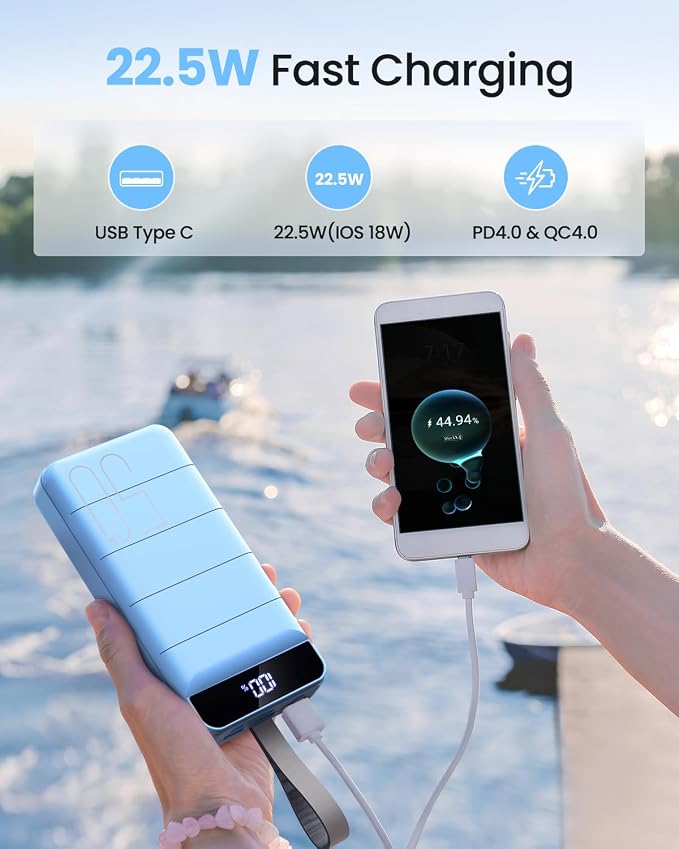 Power Bank Fast Charging 50000mAh - 22.5W Portable Charger USB C Quick Charge with 4 Outputs & 3 Inputs LED Display Huge Capacity External Battery Pack for iPhone, Samsung, iPad etc Sierra Blue - Image 2