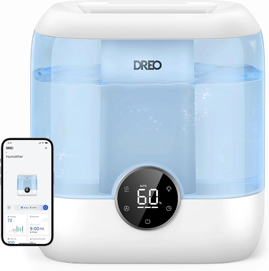 DREO Smart Humidifiers for Bedroom, 6L Top Fill Supersized Cool Mist Humidifier for Large Room, 60 Hour Runtime, Quiet Ultrasonic Humidifiers for Plants, Baby, Indoor, Home, Night Light, Blue by DREO