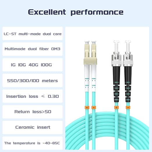 LC/UPC to ST/UPC Fiber Patch Cable OM3 7ft/2meters, 10Gb/Gigabit MultiMode - Image 2