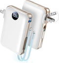 Portable Charger with Built-in Cables & Wall Plug, 10000mAh Power Bank, 4 Outputs 22.5W USB C Fast Charging, Slim Travel Battery Pack with LED Display for iPhone 17/16/15/14, White by Unknown