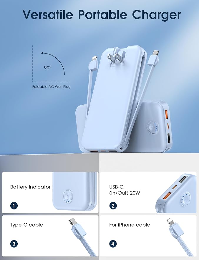 Nusyddy Portable Charger, 10000mAh PD20W Fast Charging Power Bank with Built-in Cables & Wall Plug, Travel Essentials External Battery Pack, USB C Battery Phone Charger for iPhone, Samsung Light Blue - Image 3