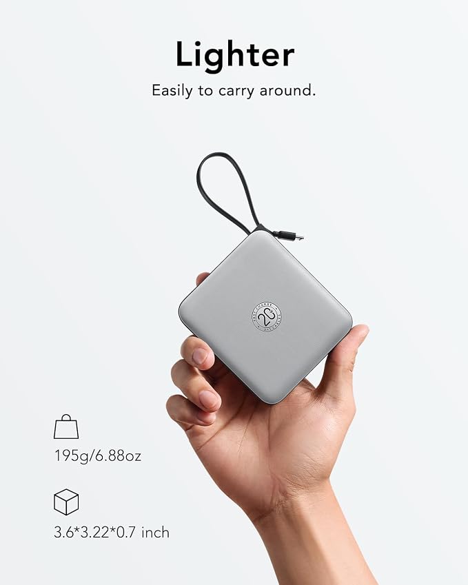 VRURC Portable Charger with Built-in Cable, 10000mAh 22.5W Fast Charging USB C Battery Pack, Cell Phone Power Bank for iPhone 17 16 15 Series Android Tablet (Grey) - Image 4