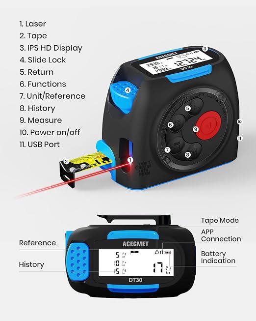 ACEGMET DT30 Digital Tape Measure, 131ft Laser&16ft Tape, ±1/16" Precision | - Image 7