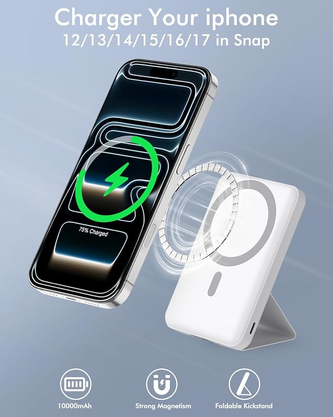 podoru for Magsafe Battery Pack, Foldable 10000mAh Magnetic Power Bank with USB-C Cable LED Display 22.5W PD Fast Charging Wireless Portable Charger for iPhone 17/16/15/14/13/12 Series-White - Image 3