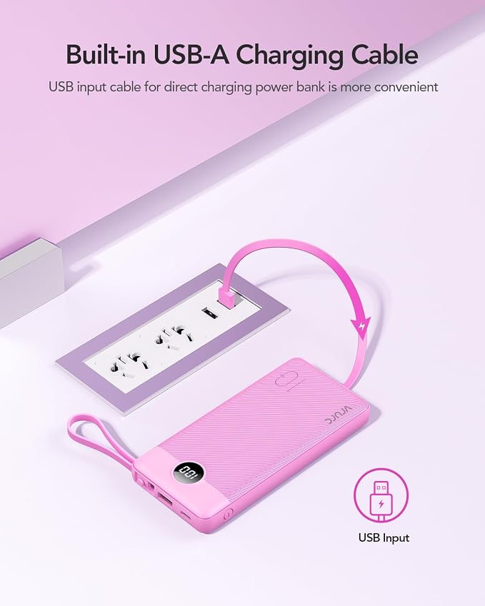 VRURC Portable Charger 10000mAh, Travel Essentials Battery Pack, 5 Output 2 Input Power Bank, Built-in Micro & USB C Cables Phone Charger for iPhone 17 Pro 17 16 15 14 13,Android-Purple(1 Pack) - Image 3