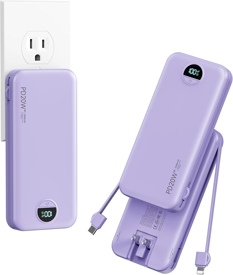 10000mAh Ultra-Portable-Charger-Power-Bank with Built in Cables&AC Wall Plug, PD20W USB-C Fast Charging Cell Phone Charger Battery Pack,LED Display Travel Battery Bank for All iPhone,Samsung,Android by AONIDI