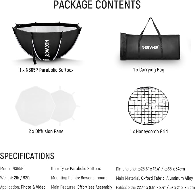 NEEWER 25.6'' Octagonal Softbox, Quick Release Parabolic Soft Box - Image 9