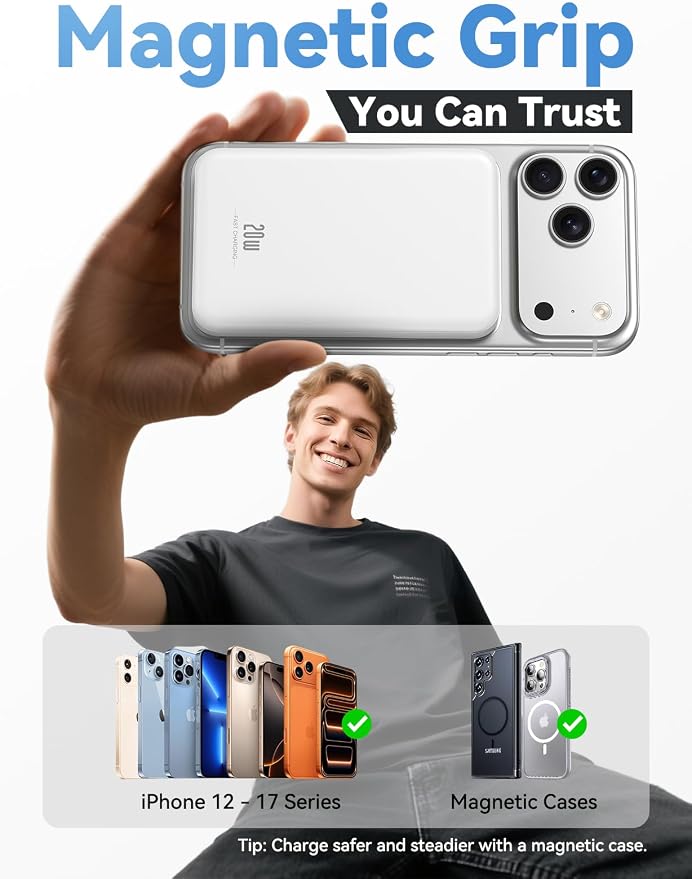 Aobbow Magnetic Portable Charger, 10000mAh for Magsafe Battery Pack, 20W Fast Charging Power Bank, Travel Essential of Wireless Charger Compatible with iPhone 17/16/15/14/13 Pro/Max/Air/Plus-White - Image 2