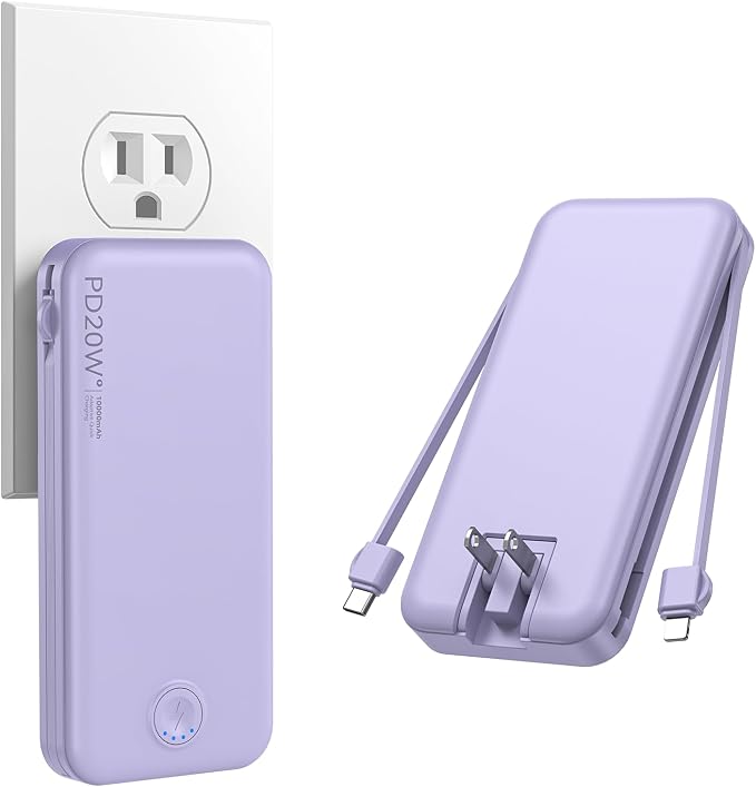 Nusyddy Portable Charger, 10000mAh PD20W Fast Charging Power Bank with Built-in Cables & Wall Plug, Travel Essential External Battery Pack, USB C Battery Phone Charger for iPhone, iPad, Samsung Purple by NUSYDDY