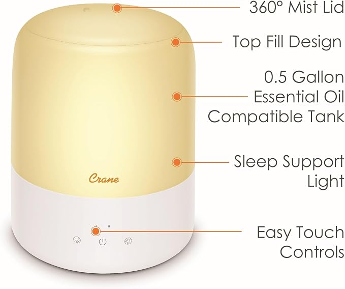 Crane Top Fill Mini Humidifier for Bedroom and Nursery 3-In-1 Essential Oil Diffuser Sleep Light 0.5 Gallon Baby Humidifier - Image 7