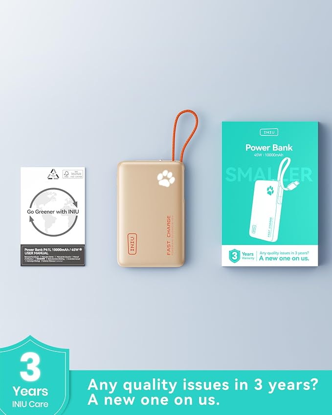 INIU 45W Power Bank, Fast Charging Portable Charger with Built-in USB C Cable, 10000mAh Small Type C Powerbank, Battery Pack for iPhone 17 16 15 14, iPad, Samsung S25 S24 etc Travel Camping, White - Image 8
