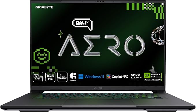 GIGABYTE AERO X16, Copilot+ PC - 165Hz 2560x1600 WQXGA - Manufactured by NVIDIA GeForce RTX 5070 - AMD Ryzen AI 9 HX 370-1TB SSD with 32GB DDR5 RAM - Windows 11 Home - Space Gray - 2WHA3USC64AH by Unknown
