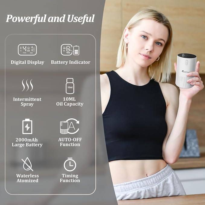 Waterless Diffuser for Essential Oil - Aroma Diffuser for Home with Battery Indicator, Portable Smart Scent Air Machine 1/2/3 & Continuous Mist, Timing & Auto-Off Function (White) - Image 4
