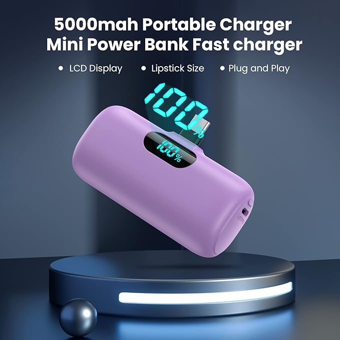 Mini Portable Charger 5000mAh Power Bank, 15w PD USB C Cell Phone Portable Power, LCD Display Battery Pack Compatible with Android Phone/Samsung Galaxy S22,S21/Note/Pixel/OnePlus 9 etc (Light Purple） - Image 5