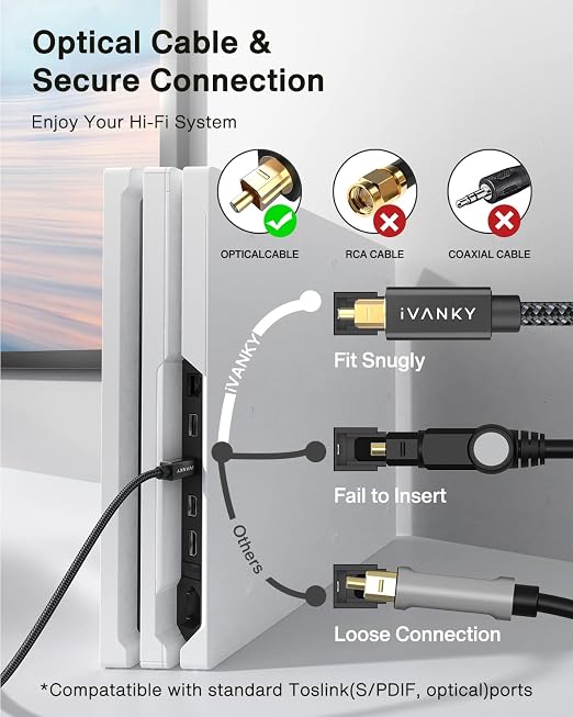 IVANKY Optical Audio Cable 3.3ft/1M, Nylon Braided, 24K Gold-Plated, Slim Metal - Image 3