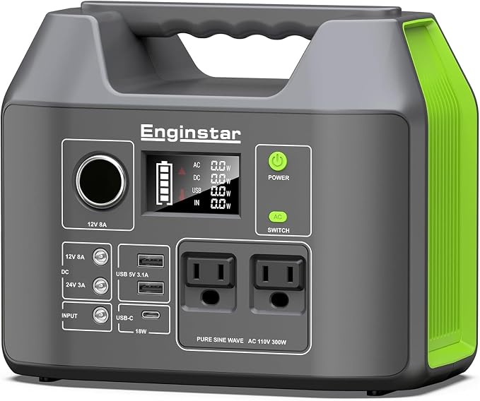 EnginStar Solar Generator, 300W Portable Power Station, 296Wh Lithium Battery Backup w/Two 110V Pure Sine Wave AC Outlet for Camping Road Trip RV, 80000mAh Sufficient Power Supply for Blackout by ENGINSTAR