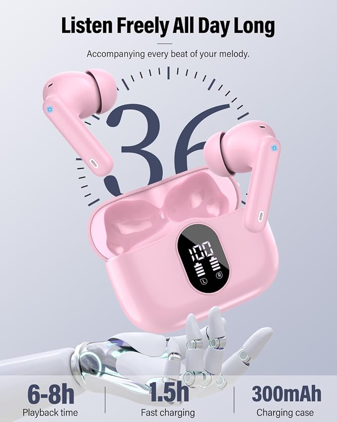 Wireless Earbuds, Bluetooth 5.4 Headphones Bass Stereo/Clear Calls, Pink | Ear Buds with Noise Cancelling Mic LED Display in Ear Earphones IP7 Waterproof 36H Bluetooth Earbuds for Phones/Sport/Laptop - Image 7