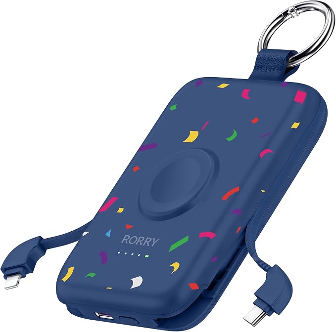 RORRY Portable Charger, 10000mAh PD 20W Fast Charging Portable Charger Power Bank with Built in Cables, Travel Battery Pack for iPhone and Apple Watch Ultra/11/10/9/8/7/6/5, Confetti-Deepblue by RORRY