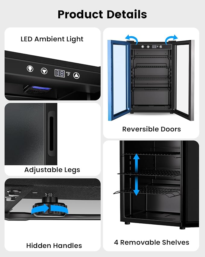 Feelfunn 4.5Cu.Ft Beverage Refrigerator 145Can Mini Fridge Glass Door Black | 32-61°F temp range, ultra-quiet <42dB, holds 145 cans, 4 adjustable shelves. Ideal for bedroom, office, home bar - Image 6
