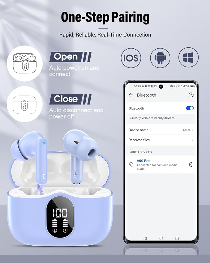 Wireless Earbuds, Bluetooth 5.4 Headphones Bass Stereo/Clear Call,Pale Blue | Ear Buds with Noise Cancelling Mic LED Display in Ear Earphones IP7 Waterproof 36H Bluetooth Earbuds for Phones/Sport/Laptop - Image 5