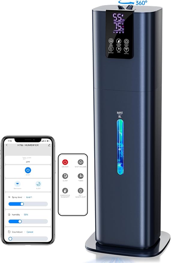 8L Smart Humidifiers for Bedroom Large Room, 2.1Gal Cool Mist Top Fill Diffuser Ambient Light, App & Remote Control, 3 Mist Modes, Quiet Humidifier for Home Office Plant (Blue) by HumidifiersforLargeRoom