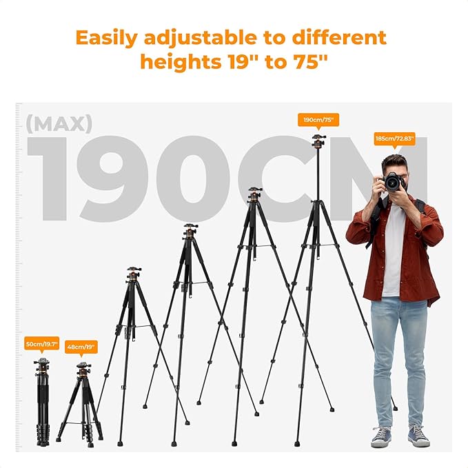 K&F CONCEPT 75 inch/190cm Camera Tripod, Lightweight Travel Outdoor DSLR Tripods - Image 5