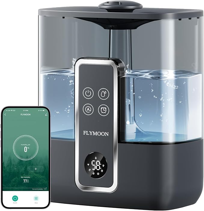 FLYMOON Humidifier for Bedroom, Top Fill 5L Cool Mist Humidifiers with 28dB, Humidifier for Large Room with Leak-Proof, Auto-Off, 12H Timer, 50 Hour Runtime,Tuya App Control, Black by BuildAnIntelligentLife