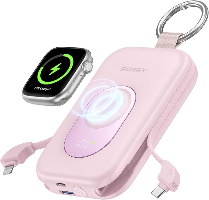 RORRY Portable Charger, 20000mAh PD 30W Portable Charger Power Bank with 2 Built-in Cables, Super Fast Charging Battery Pack with Keychain, Travel Essentials for iPhone, Apple Watch, iPad, Coral by RORRY