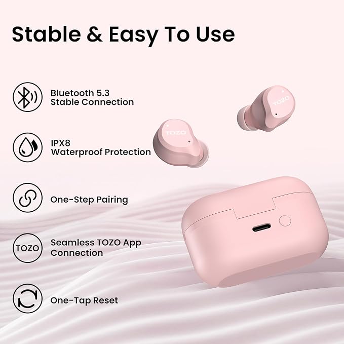 TOZO NC9 Hybrid Active Noise Cancelling Wireless Earbuds, 60H, LED Display | 6 Mic ENC Clear Calls, Deep Bass Sound, IPX8, in Ear Bluetooth 5.3 Headphones,32 EQs via APP, Comfort Fit Ear Buds, Pink - Image 9