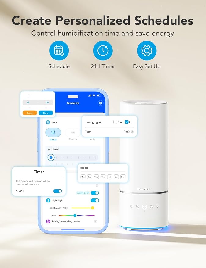 GoveeLife Humidifiers for Bedroom, 6L Top Fill Cool Mist Humidifier for Large Room, Auto Mode, Adjustable Mist, Quiet Sleep Mode, WiFi Smart Air Humidifier with RGB for Baby, Plants, Work with Alexa - Image 5