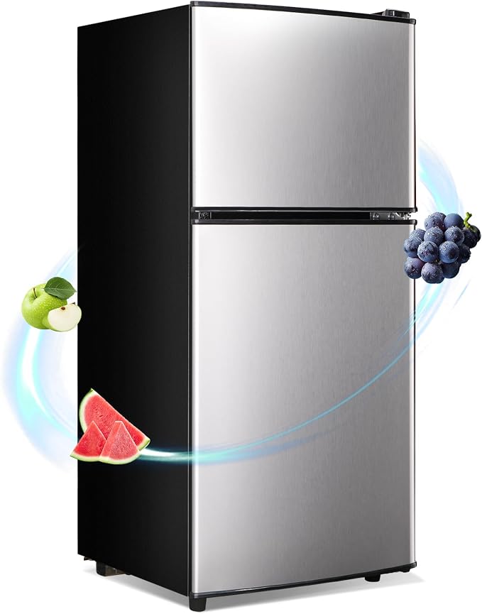 Apartment Size Refrigerator, 4.0 Cu.Ft Compact Fridge with Freezer Silver | Suitable for Apartment, Office, Kitchen, Dorm, Small Refrigerator with 7 Temperature Modes, Double Door by Rosmena