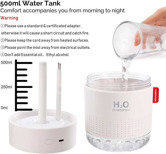 Portable Mini Humidifier, 500ml Small Cool Mist Humidifier, USB Personal Desktop Humidifiers for Baby Bedroom Travel Office Home, Auto Shut-Off, 2 Mist Modes, Super Quiet, White - Image 5