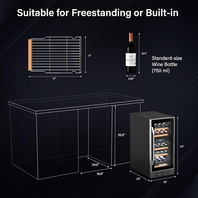 ROVSUN 15 Inch Dual Zone Wine Fridge, 26 Bottle Wine Cooler Refrigerator | 41-64°F, Stainless Steel Handle, LED Light, Built-in or Under Counter or Freestanding Wine Refrigerator for Home/Bar/Kitchen - Image 9