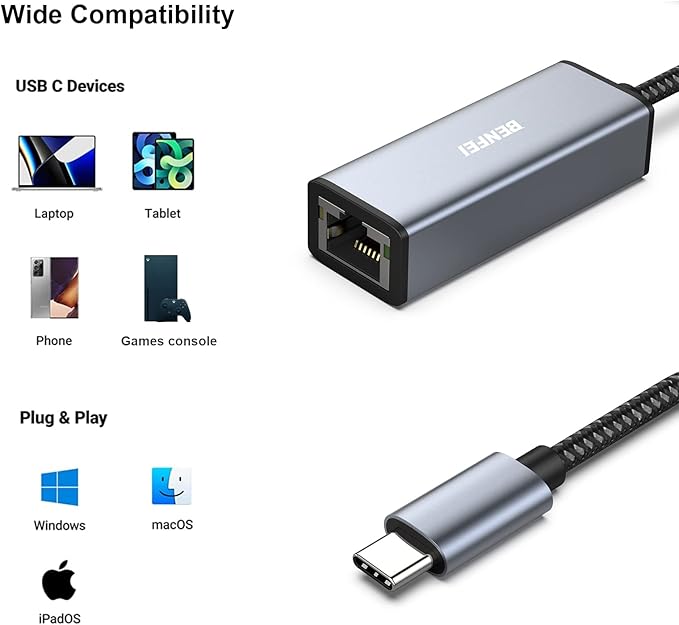BENFEI 2 Pack USB-C to Ethernet Adapter, USB Type-C to RJ45 Gigabit Ethernet - Image 4