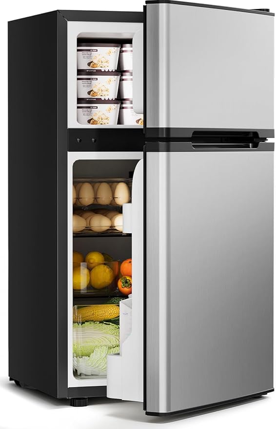 Feelfunn 3.2 Cu.Ft Mini Fridge with Freezer - 2 Door Small Refrigerator, Mini Refrigerator with Adjustable Thermostat, Removable Shelves, Mini Fridge for Bedroom, Office, Dorm, Apartment, Silver by Feelfunn