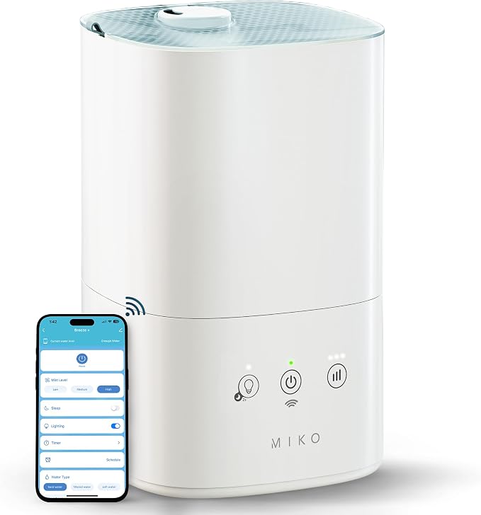 MIKO Ultrasonic Humidifiers for Bedroom Baby - Pre Filter, Wifi App controlled, Auto Mode, No Leak Design, Sleep Mode, Built-in Timer, Humidifier for Babies & Home by Miko