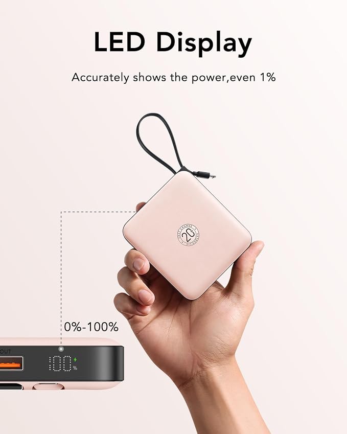 VRURC Portable Charger for iPhone Built-in Cables, 22.5W USB C Fast Charging 10000mAh Pocket Power Bank, Battery Pack for iPhone 17 16 & Samsung Galaxy S26 S25 etc Android, Pink(1 Pack) - Image 8