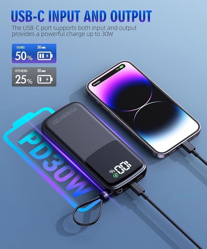 UYAYOHU Portable Charger, Power Bank, 15000mAh Battery Pack Fast Charging Lightweight, Built-in AC Wall Plug and 2 Output Cables with LED Display for iPhone15 14 13 12 11 Samsung iPad etc(Deep Black) - Image 2