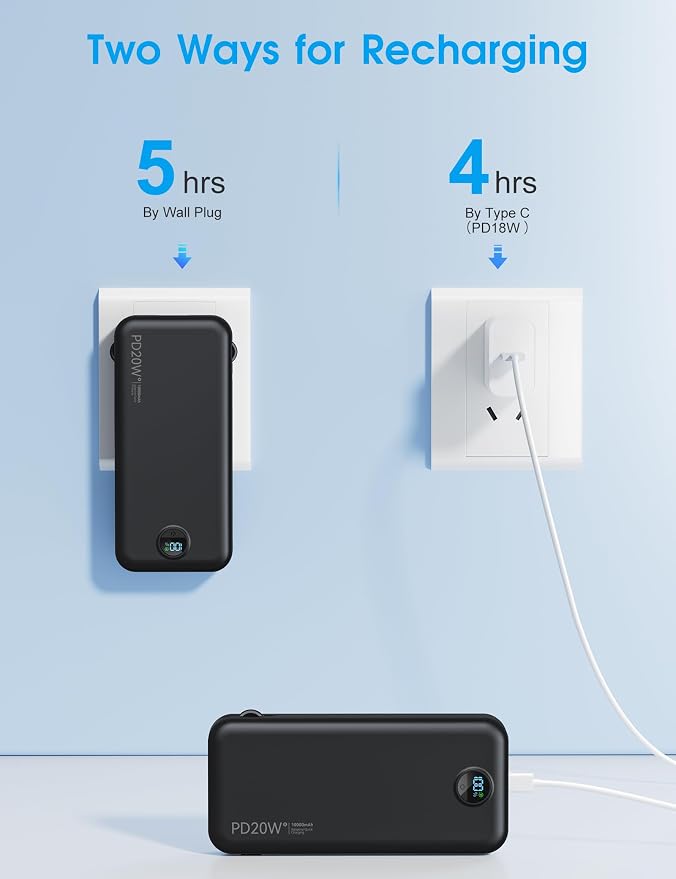 Portable Charger, 10000mAh PD20W Fast Charging Power Bank with Built-in Cables & Wall Plug, External Battery Pack with LED Display, Travel Essentials Battery Bank for iPhone, iPad, Samsung Matte Black - Image 8