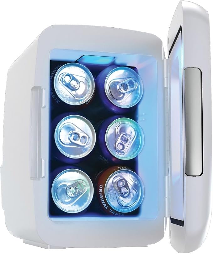 Frigidaire Gaming Light Up Mini Beverage Refrigerator, 6 can, 4 liters, Cooler with large see through door and LED lights Perfect for Gaming Experience, Home, Office, or Cars.12V Charger (White) - Image 4