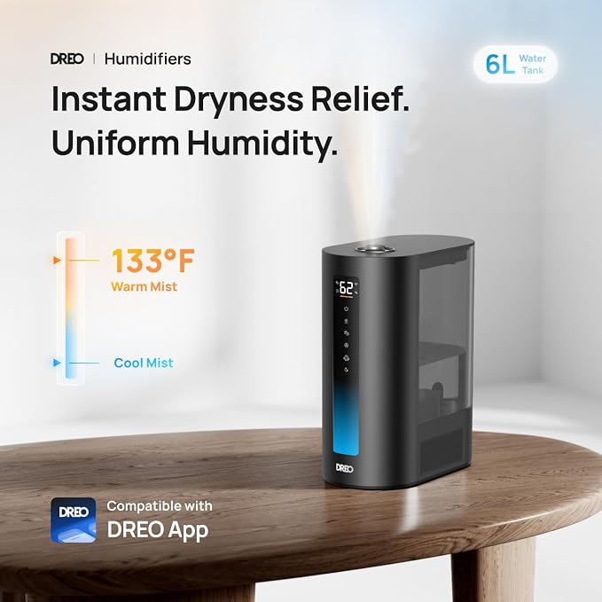 DREO 6L Humidifiers for Bedroom, Smart Warm & Cool Mist for Large Room, 60Hr Quiet Runtime for Baby, Plant, Humidity Sensor, Indicator Light, 12H Timer, Google/Alexa, Black - Image 2