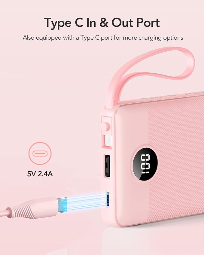 VRURC Portable Charger Power Bank, 10000mAh Travel Essentials Battery Pack, Compact Charging Bank Built-in Cables Cords Compatible with iPhone 17 Pro 17 16 15 14 13, Samsung Phones-Pink(1 Pack) - Image 3