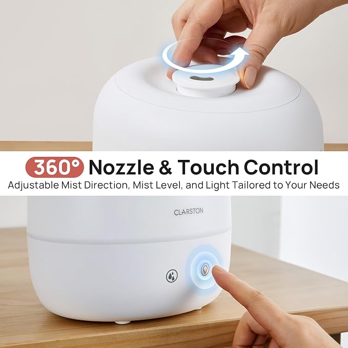 Clarston 2L Cool Mist Humidifier for Bedroom with 360° Adjustable Nozzle, High and Low Mist Levels, Ultra-Low Noise, Light-Off, No BPA, Auto Shut Off, Ideal Baby Humidifier with Easy Top Filling - Image 7